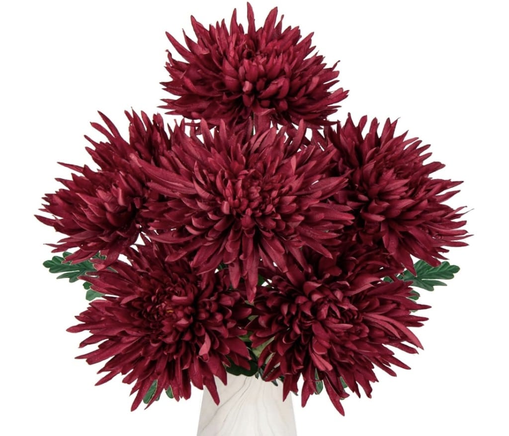 A bouquet of deep red chrysanthemum flowers with lush, spiky petals in full bloom serves as stunning fall decor. Arranged closely together in a light-colored vase, the green leaves beneath the flowers provide a vibrant contrast to the deep red petals, perfect for seasonal charm.